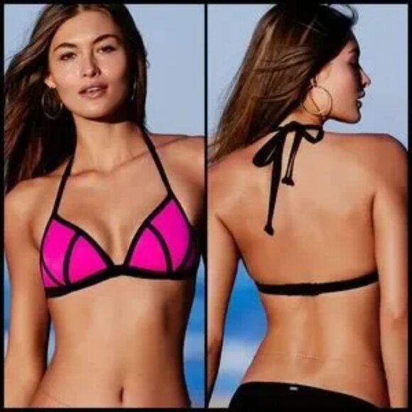 VICTORIAS SECRET PINK Hot Pink and Black Padded Triangle Bikini Top Large - Picture 3 of 12